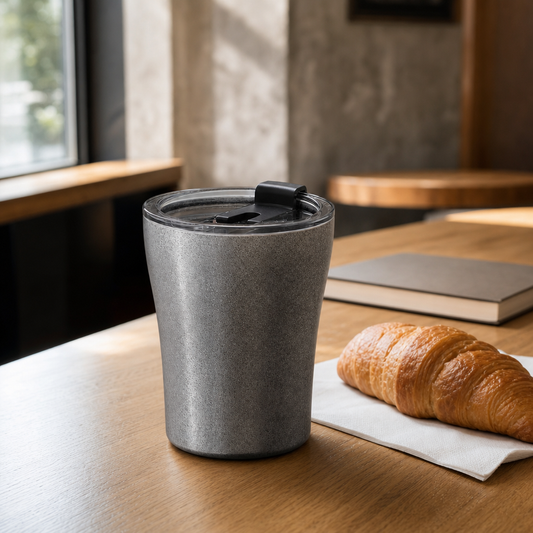 AILUKE AL-SG-CM08 stainless steel coffee mug in an American cafe setting