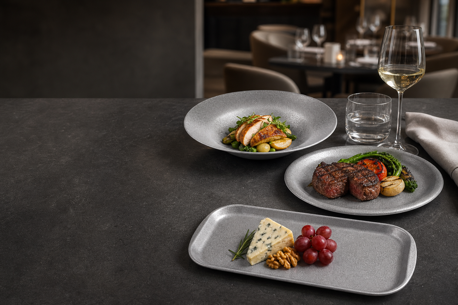 AILUKE snowflake gray stainless steel tableware with steak, chicken and cheese in a restaurant setting