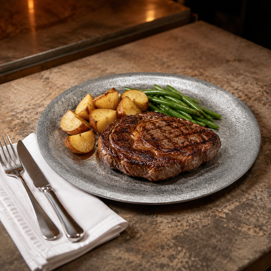 AILUKE AL-SG-BP26 stainless steel steak plate in an American restaurant setting